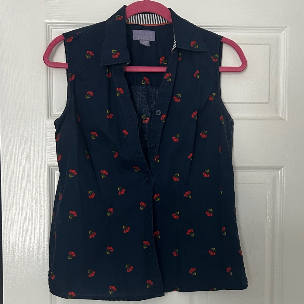 Laura Scott Navy Blouse with Cherry Pattern